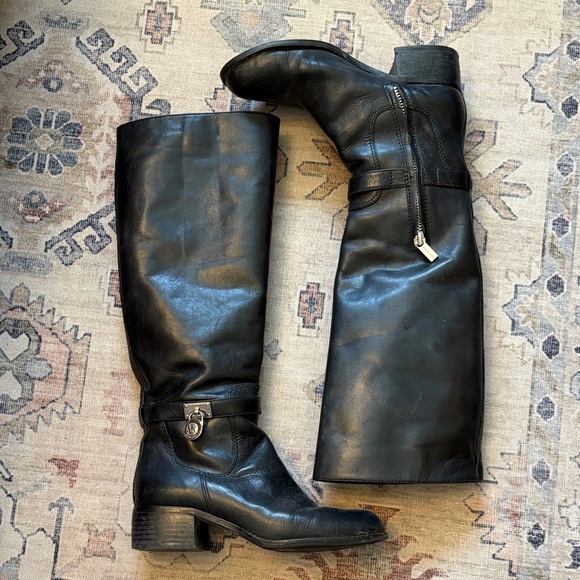 Michael Kors Shoes - Michael Kors Black Leather Riding Boots with Logo Charm